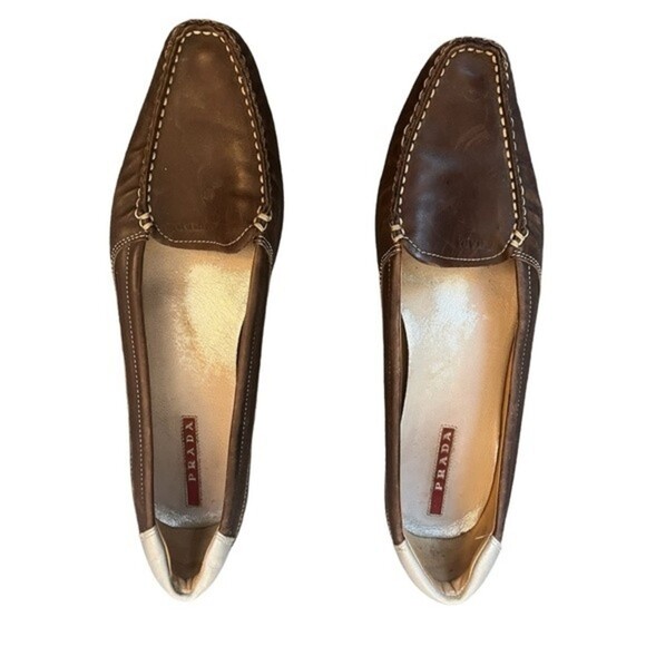 PRADA Brown Kitten Heel Leather Vintage Loafers - Picture 1 of 7
